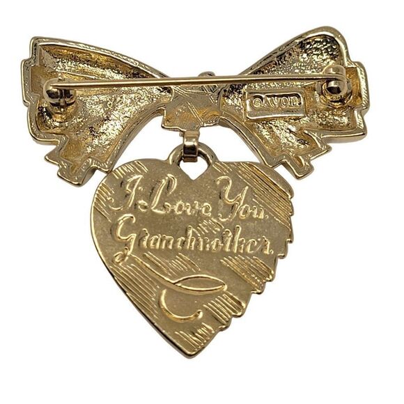 Vintage Avon Signed Bow Heart Brooch Pin Gold Tone "I Love You Grandmother" Gift - Picture 1 of 5